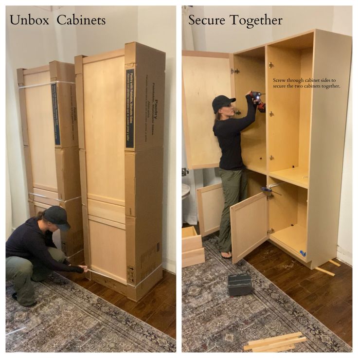 two pictures of a man working on some cupboards in the same room, one is holding a screwdriver