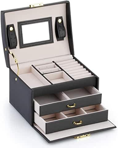 an open black and white jewelry box with three drawers on the bottom, one opened