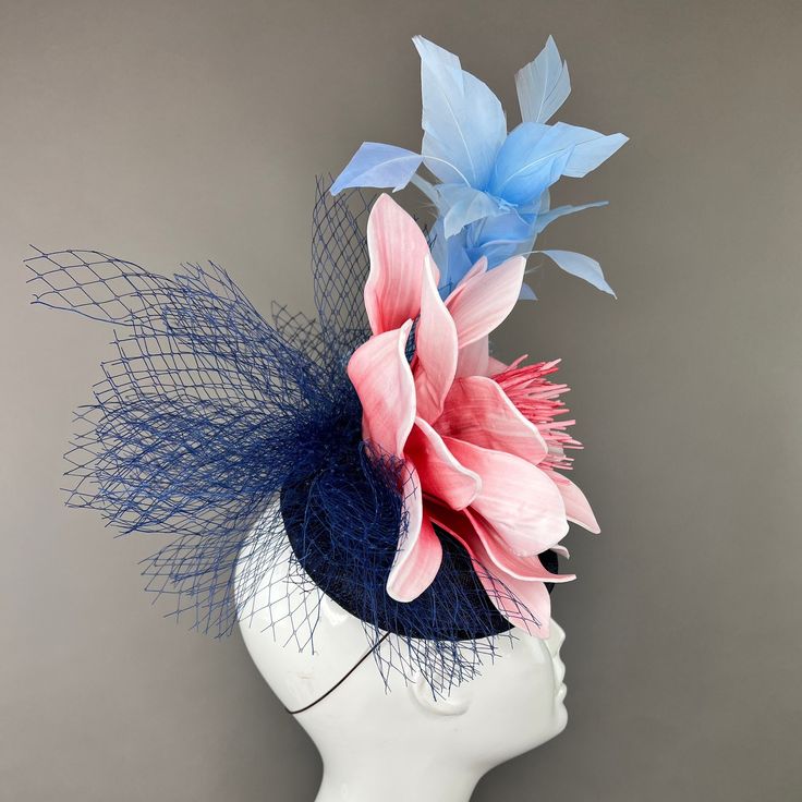 NAVY BLUE fascinator with baby blue floral spray and blush pink floral bloom. Attaches with elastic fascinator headband. One size fits all. Please note all sales are final. Please don’t forget to follow us on Instagram @TheHatHive Spring Blue Fascinator For Garden Party, Blue Spring Fascinator For Garden Party, Blue Mini Hat Headband For Spring, Pink Flower Fascinator For Summer, Spring Blue Mini Hats With Handmade Flowers, Spring Blue Fitted Fascinator, Elegant Blue Spring Fascinator, Spring Blue Fascinator, Summer Blue Headpiece With Handmade Flowers