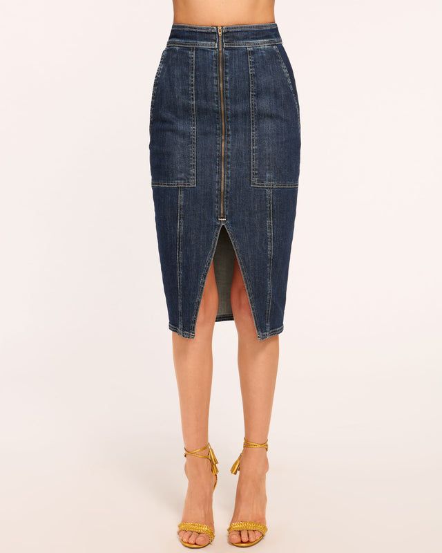 Marietta High-Waisted Denim Skirt in dark wash | Ramy Brook High Waist Fitted Denim Skirt, Fitted High Waist Denim Skirt, Fitted High-waist Denim Skirt, High Rise Fitted Denim Blue Skirt, Fitted Knee-length Denim Jeans, Fitted High Waist Dark Wash Denim Skirt, Chic Dark Wash Denim Skirt With Pockets, Fitted Denim Pencil Skirt In Medium Wash, Chic Fitted Medium Wash Denim Skirt