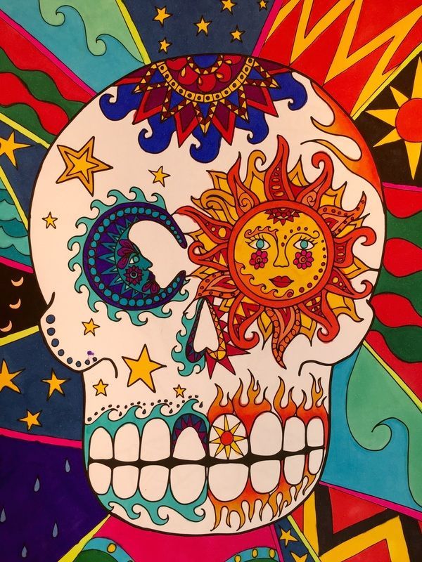 a painting of a skull with sun and moon designs on it's face, surrounded by stars