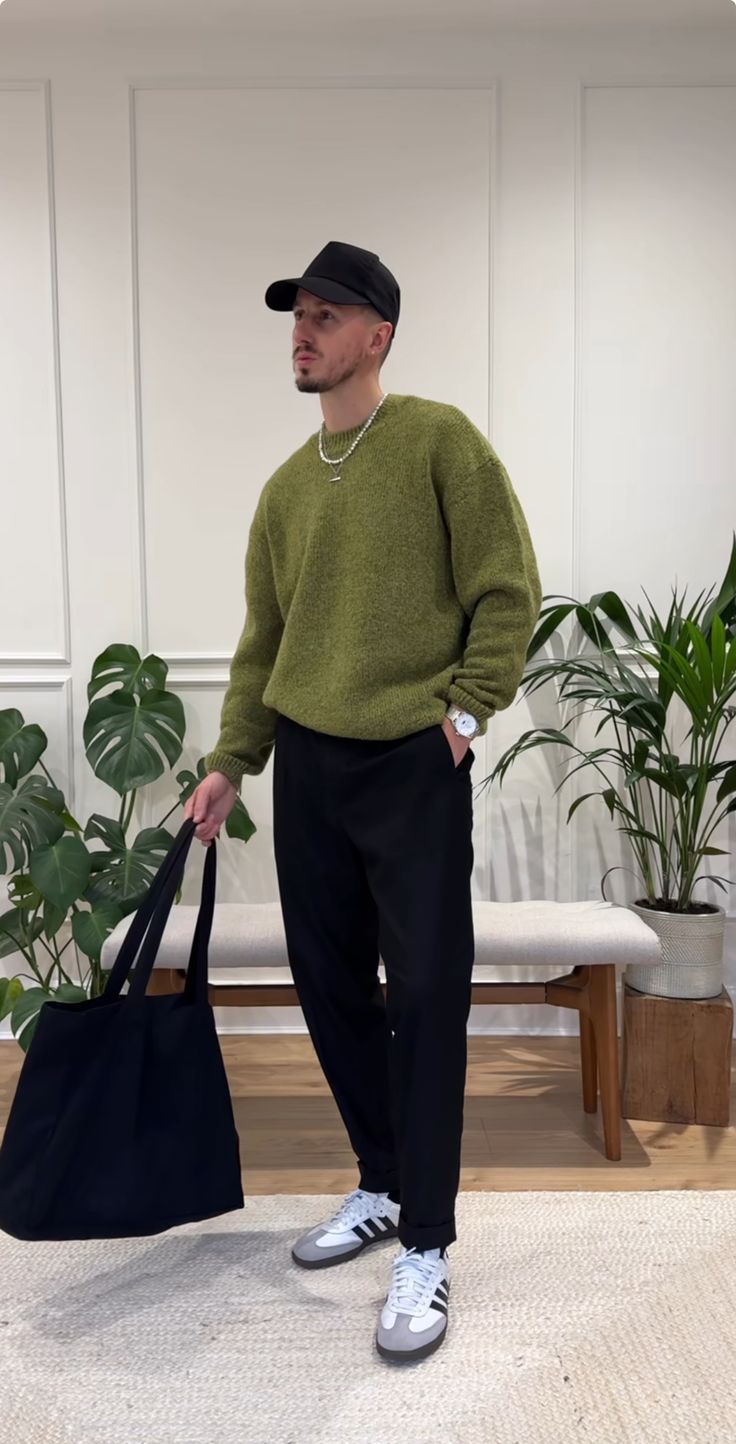 Transitional Street Style, Mans Classic Outfit, Mens Yeezy Outfit, Green Dress Outfit Men, Men’s Christmas Dinner Outfits, Men’s Green Sweater Outfit, Men’s Classy Street Wear, Men’s Comfy Casual Outfits, Mens Fashion Moodboard