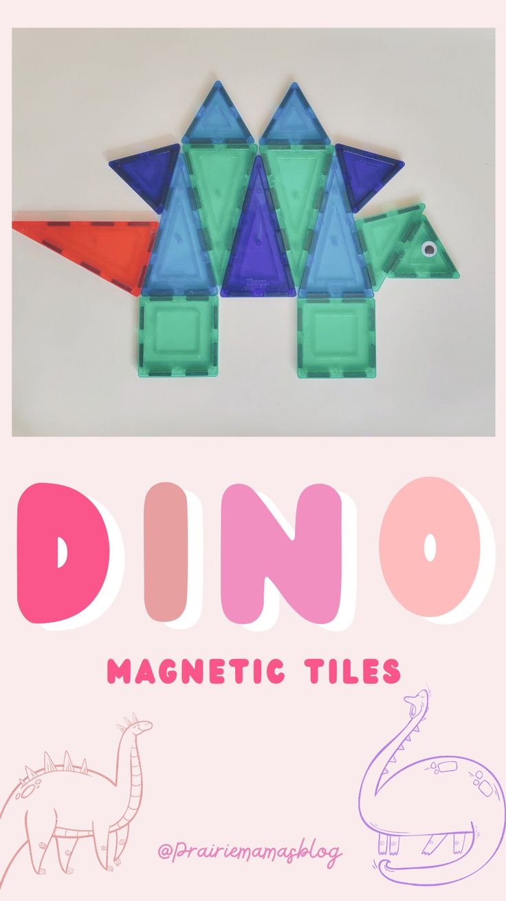 an image of dino magnetic tiles on a pink background with the words dino written below it