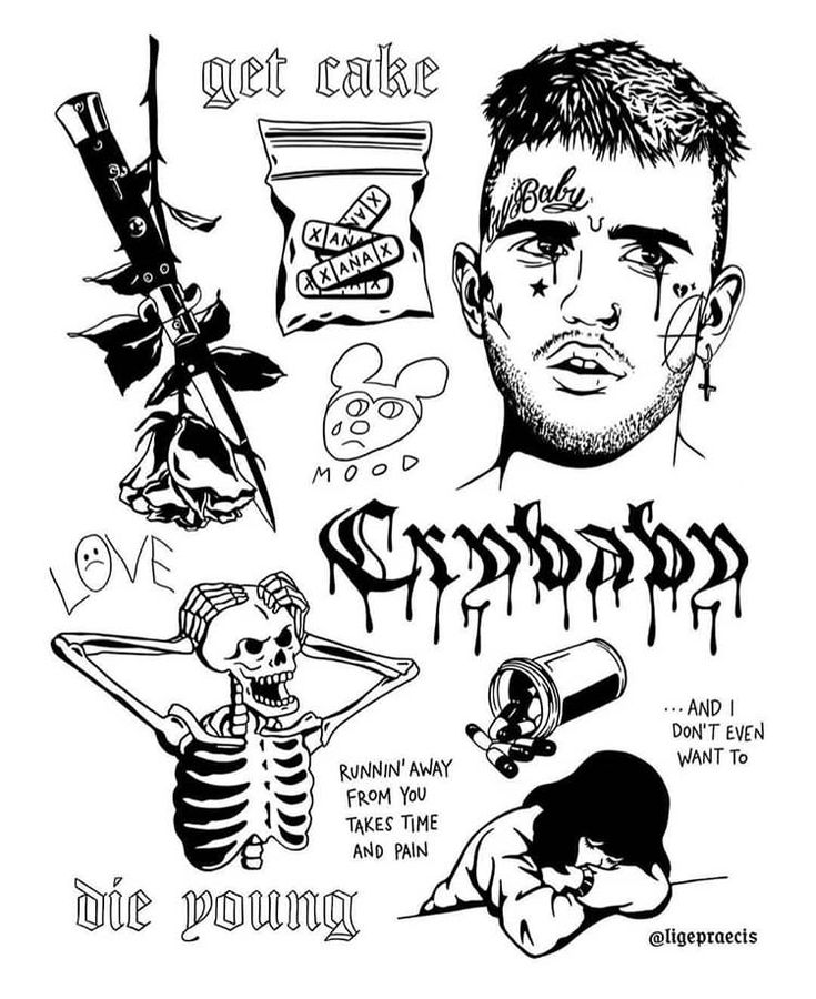 an ink drawing of a man's face and various tattoos