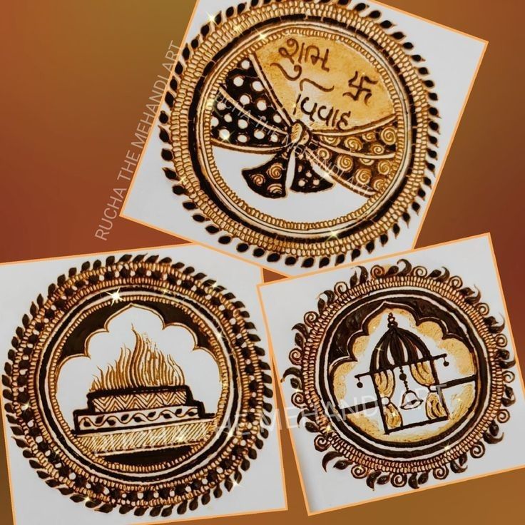 three stickers with designs on them in gold and brown colors, one has an umbrella