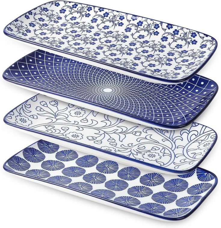 Selamica Ceramic Serving Platters, 14 Inch Serving Trays for Party Entertaining, Large Rectangular Serving Plates for Appetizer, Charcuterie, Dessert, Fruit, Gift, Set of 4, Vintage Blue Dishes For Party, Appetizer Salad, Dessert Sushi, Modern Chinoiserie, First Wedding Anniversary Gift, Chanukah Decor, How To Celebrate Hanukkah, Small Candle Holders, Hanukkah Decorations