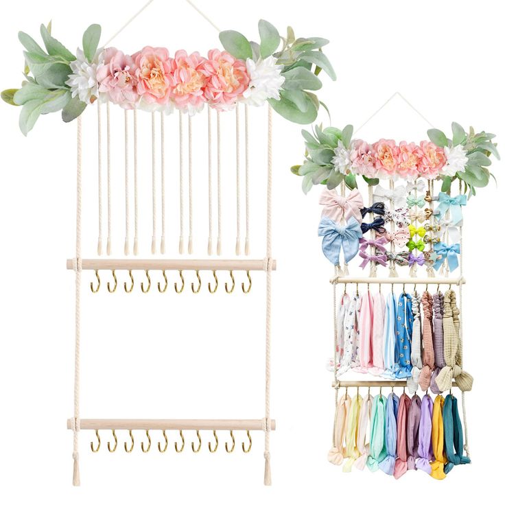 two racks with flowers and ribbons hanging from them