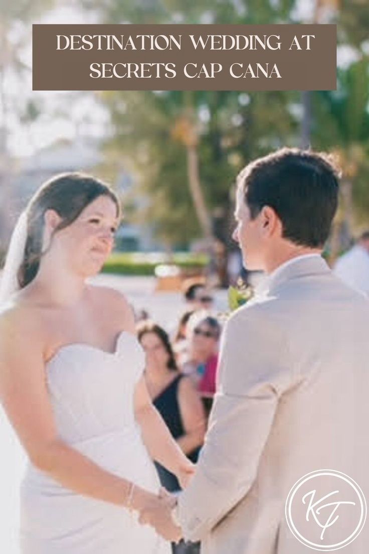 a bride and groom standing next to each other in front of an audience with the words destination wedding at secrets cap cana