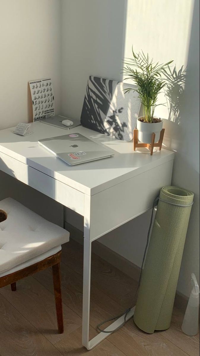 a white desk with a laptop on top of it next to a plant in a pot