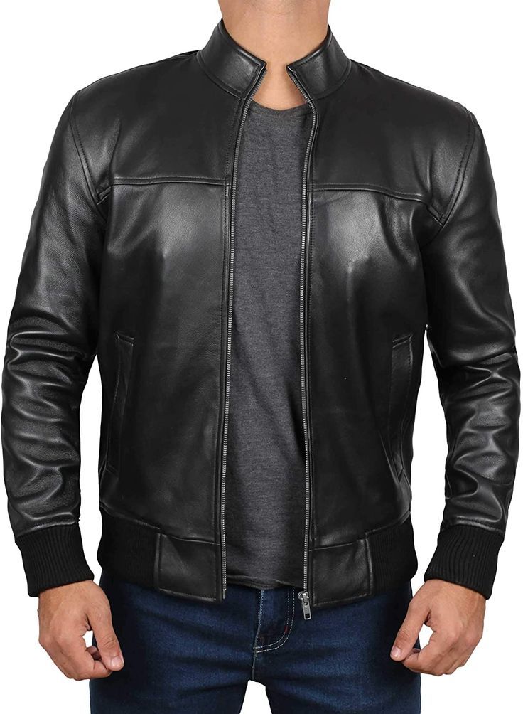 Black Motorcycle Leather Bomber Jackets Men’s Black Leather Biker Jacket For Streetwear, Casual Black Leather Biker Jacket, Black Leather Motorcycle Jacket With Zipper Closure, Black Leather Jacket With Zipper For Motorcycling, Black Leather Jacket With Zipper Closure For Motorcycling, Black Leather Motorcycling Outerwear, Black Leather Biker Outerwear, Black Leather Biker Jacket With Zipper Closure, Black Leather Motorcycling Jacket