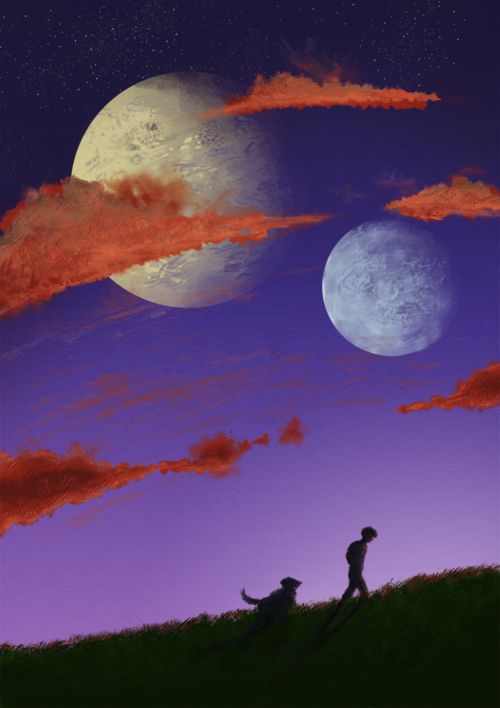 two people standing on top of a grass covered hill under a purple sky with the moon in the distance