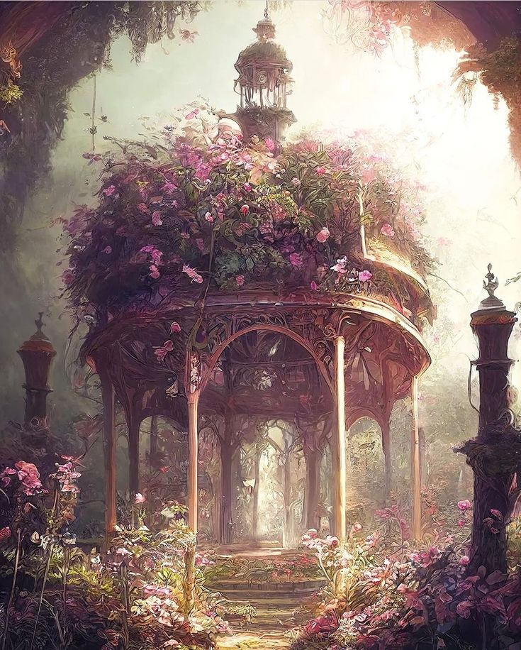 a gazebo with lots of flowers on it in the middle of a forest filled with trees