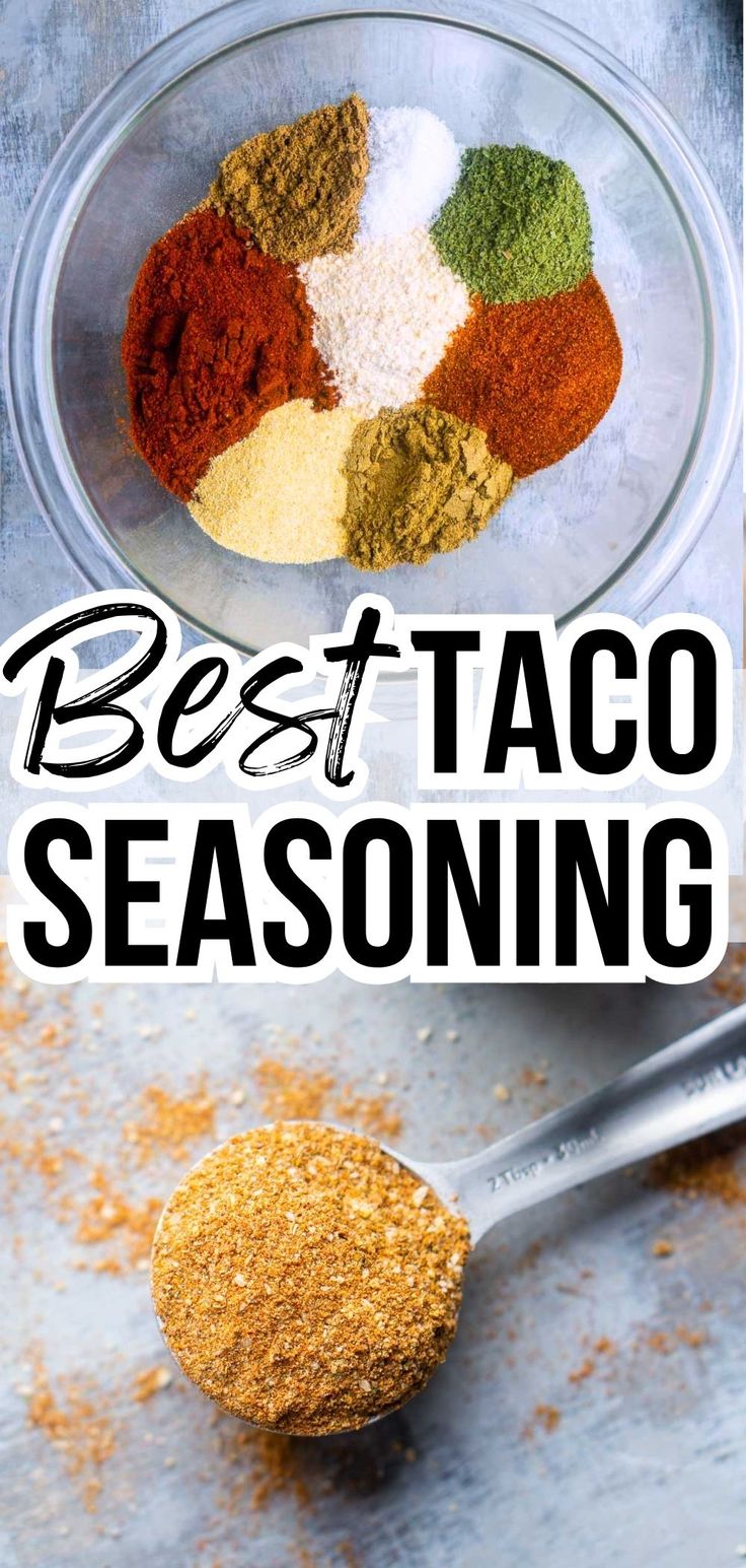 unmixed spices in glass bowl. mixed taco seasoning in measuring spoon. Title: Best taco seasoning Mexican Taco Seasoning Recipe, Best Taco Seasoning Recipe, How To Make Taco Seasoning, Make Your Own Taco Seasoning, Taco Seasoning For 1 Lb, Diy Taco Seasoning Easy, Home Made Taco Seasoning, Mild Taco Seasoning Recipe, Low Sodium Taco Seasoning Recipe