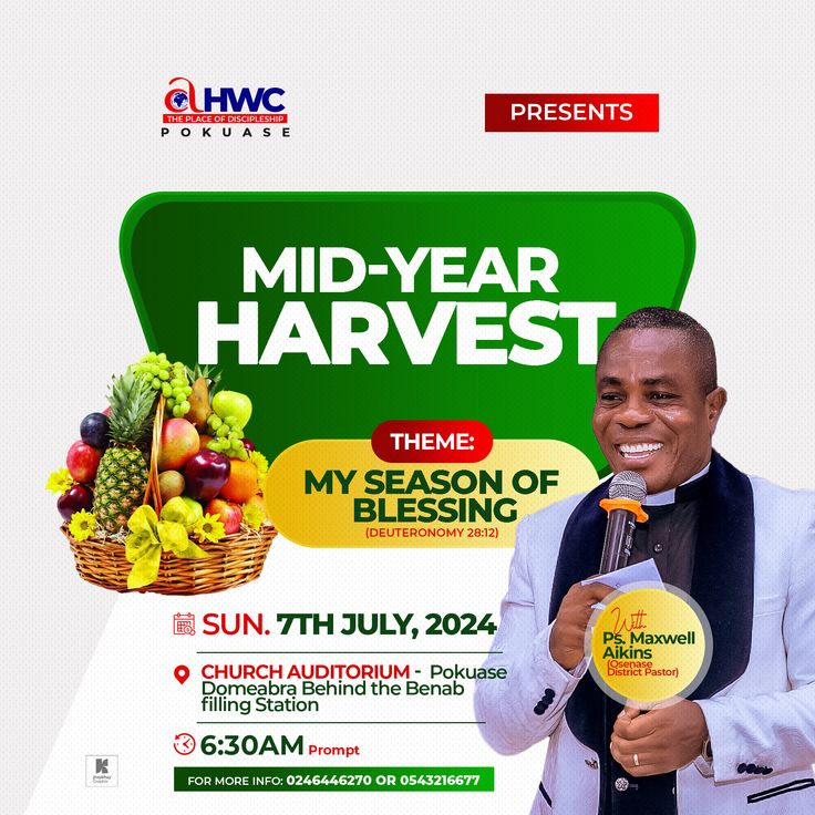 a man holding a microphone in front of a sign that says mid - year harvest