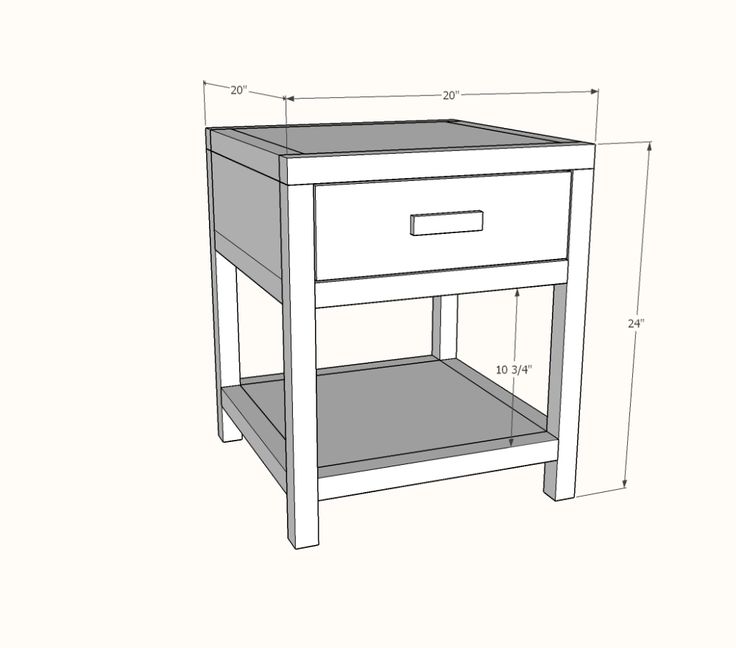 a drawing of a bedside table with measurements for the top and bottom drawers on each side