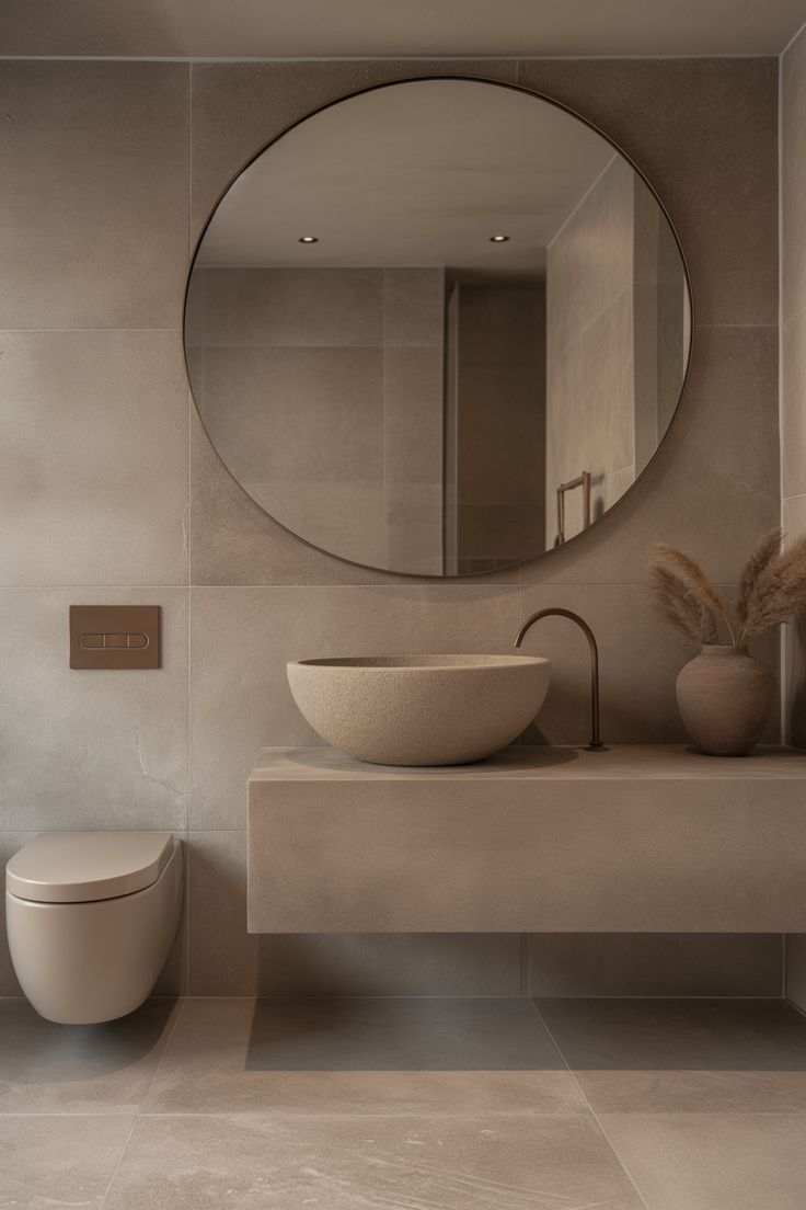 a bathroom with a round mirror above the sink and a toilet in front of it