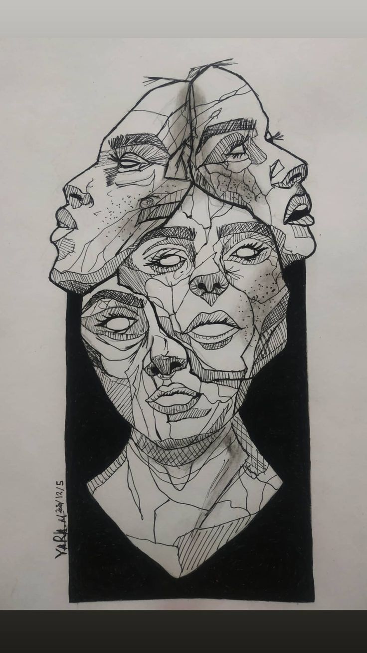 a drawing of three faces with different shapes and sizes on them, all in black and white