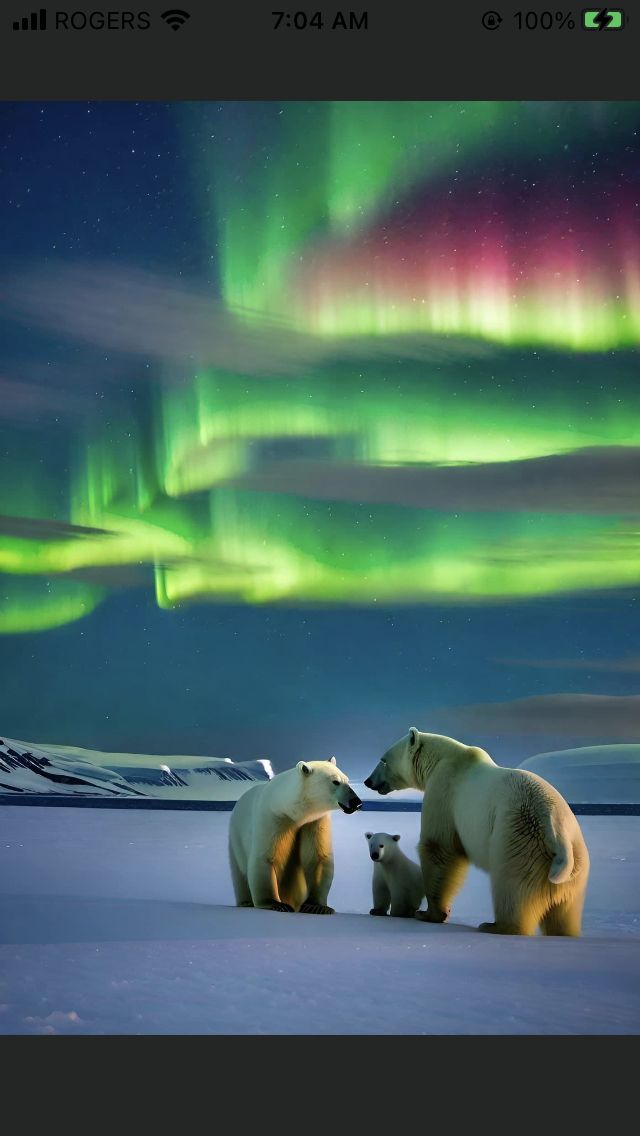 two polar bears are standing in the snow with an aurora bore behind them, and one is looking at another polar bear