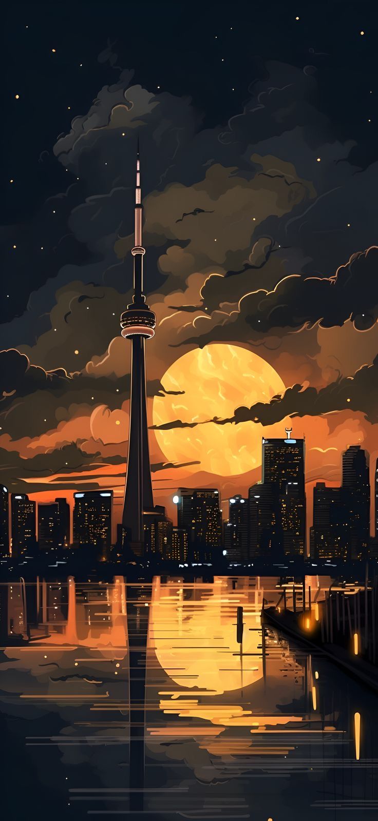 a painting of a city skyline at night with the moon in the sky and clouds