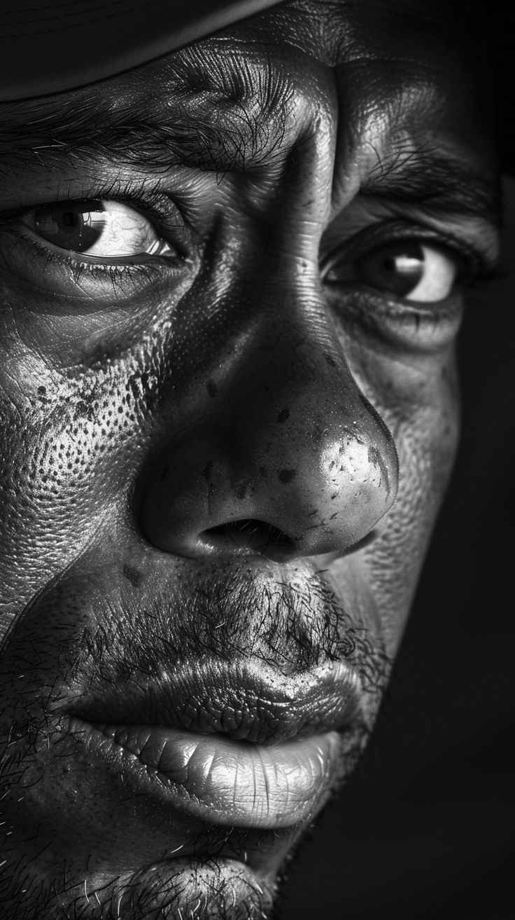 Black and White Portrait of Tiger Woods Black And White Photo Portrait, Ultra Realistic Drawings, 3/4 Portrait Reference, Human Faces Reference, High Contrast Photography Portraits, Art Reference Photos Faces Black And White, Portrait Pictures Faces, Side Portrait Photography, Black And White Face Reference