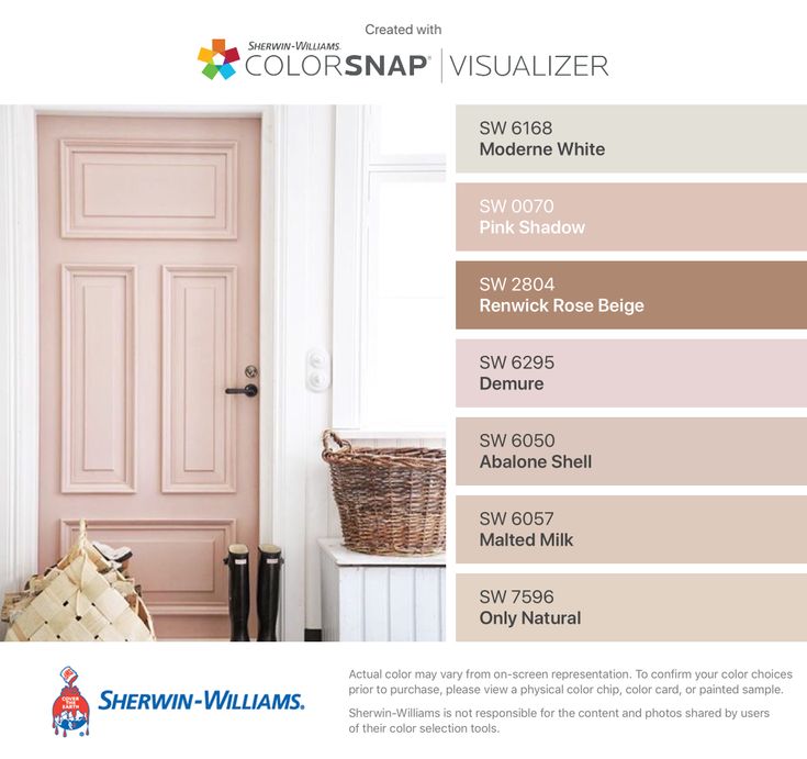 the color scheme for this door is pale pink, brown and beige with white trim