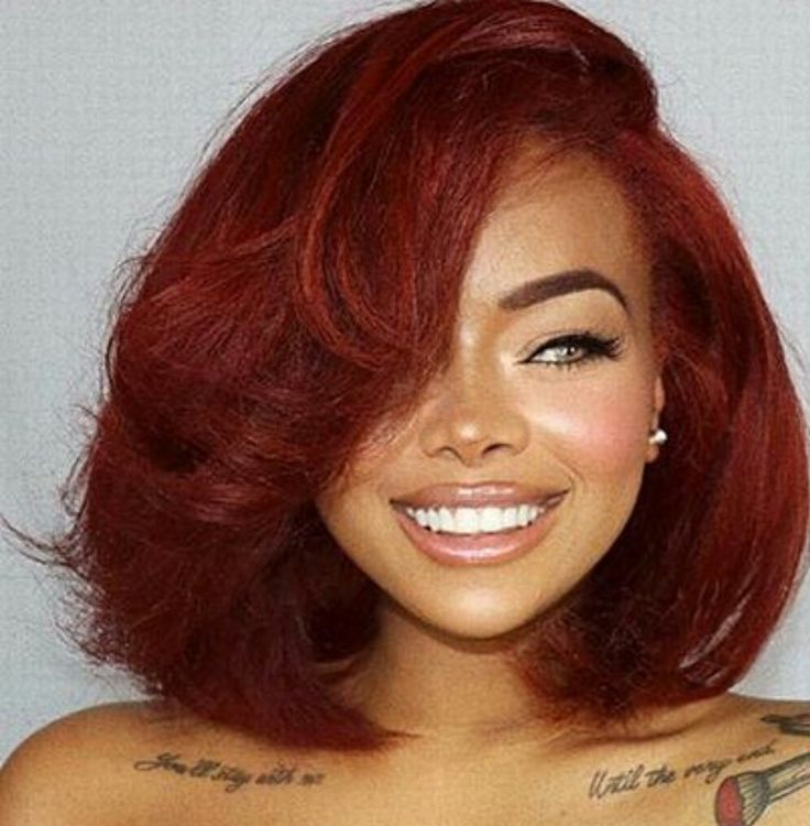 Dark Red Short Hair Black Women, Short Curly Red Hair Black Women, Layered Bob Blowout, Red Bob Hairstyles For Black Women, Auburn Bob Black Women, Short Red Hair Black Women, Red Layered Bob, Red Hair Bob Haircut, Dark Red Bob