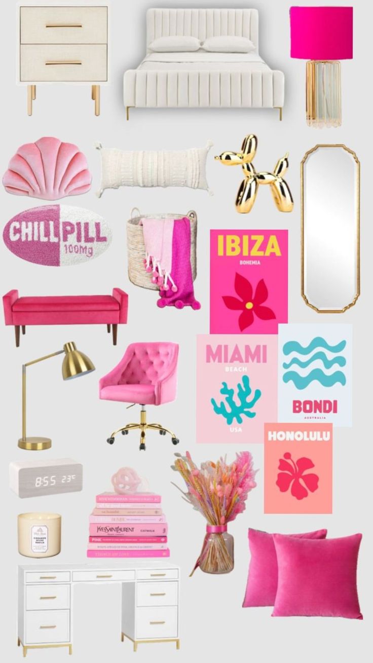 a collage of pink and gold furniture, pillows, lamps, and other items