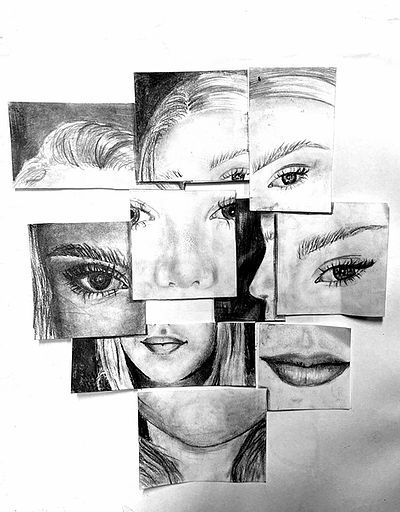 pencil drawings of different women's faces and their eyes are arranged in the shape of squares