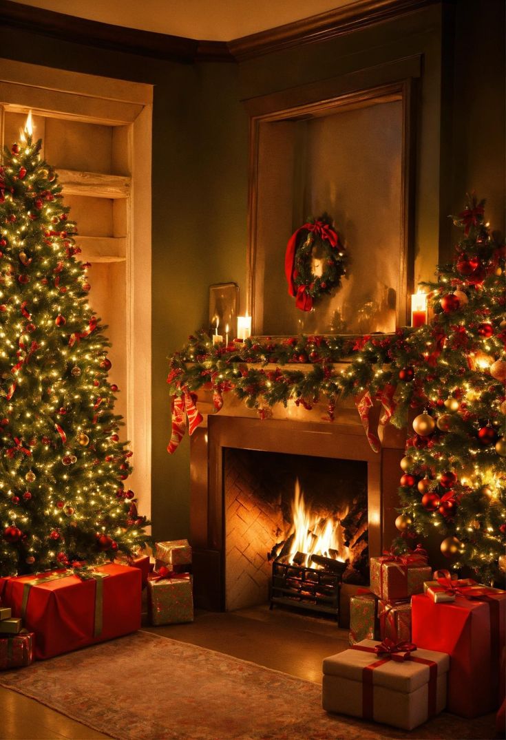 a living room decorated for christmas with presents under the tree and lit candles on the fireplace