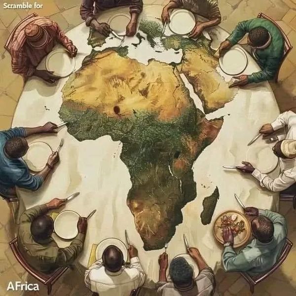 several people sitting around a table with a painting on it that looks like the world