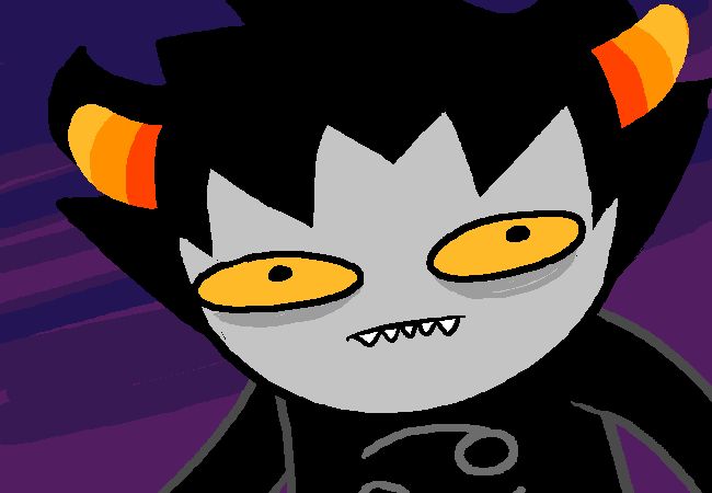 an image of a cartoon character with horns on his head and eyes, in front of a purple background