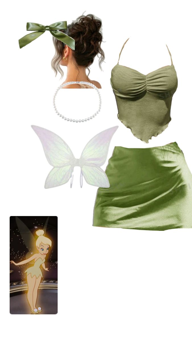 a woman in a green dress and some accessories