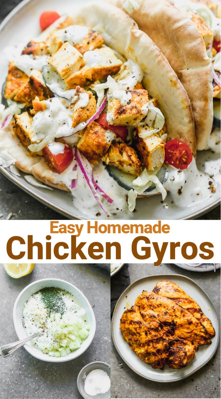 easy homemade chicken gyros on a plate with sauces and pita bread