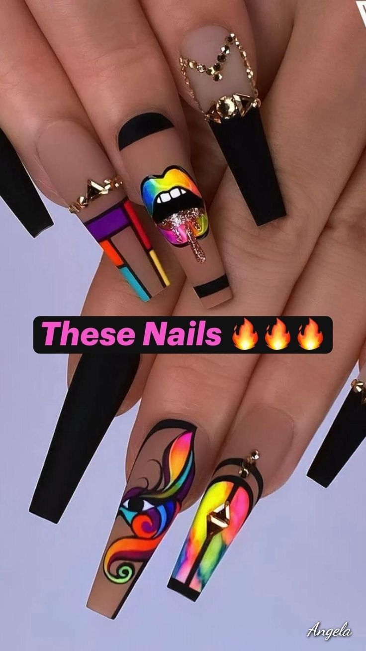 Neon Edgy Nails, Dj Nails Design, Black And Multi Color Nails, Black And Rainbow Nails Art Designs, Intense Nail Art, Lover Nail Designs, Eccentric Nail Designs, Urban Nails Designs, Ratchet Nails Designs