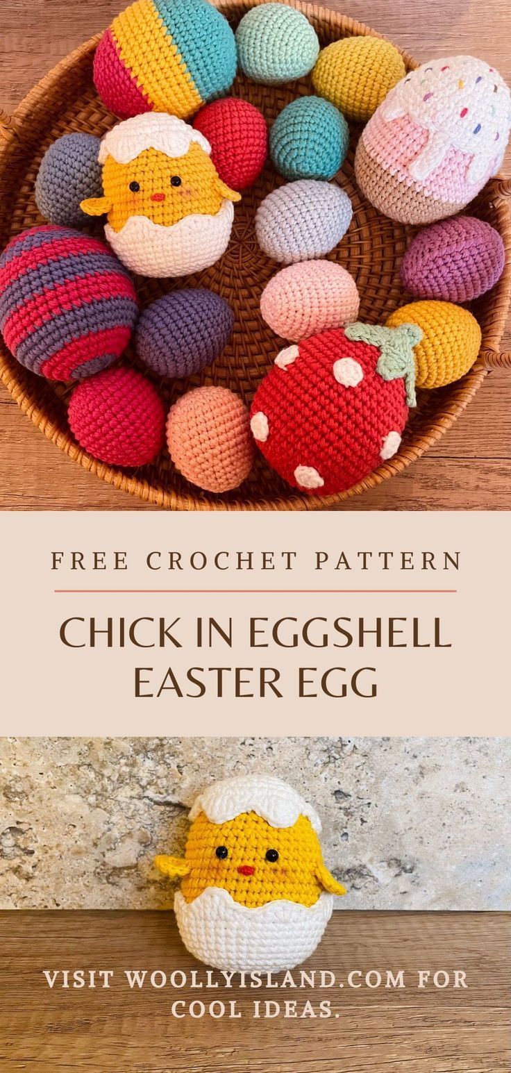 a basket filled with crochet easter eggs on top of a wooden table