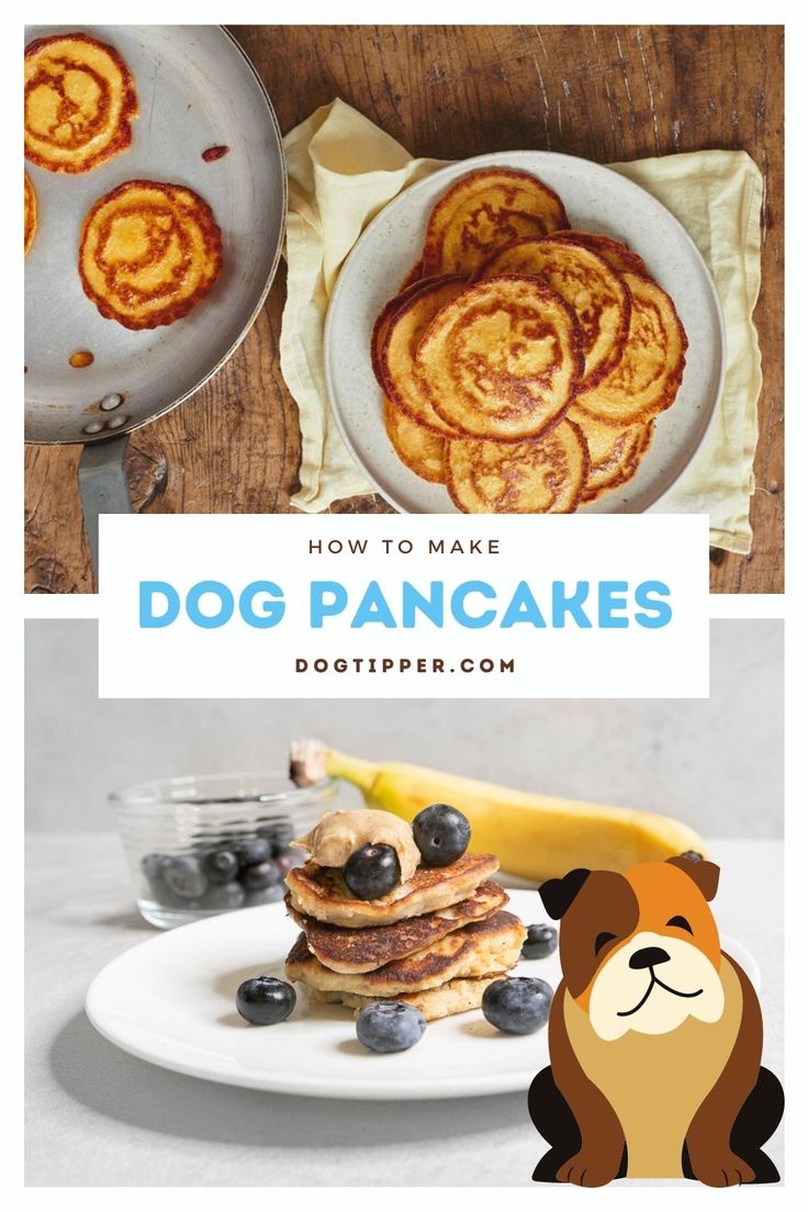 pancakes with blueberries and bananas are on a plate next to a dog figurine