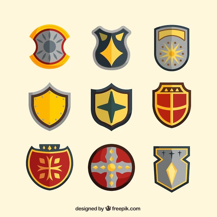 six different colored shields on a white background