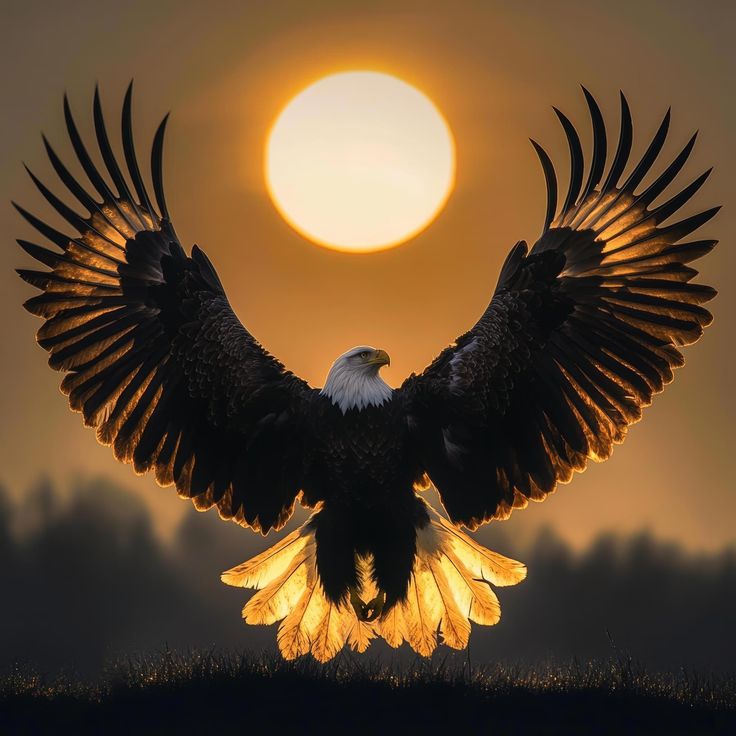 an eagle spreads its wings as the sun sets in the sky behind it, over a grassy area