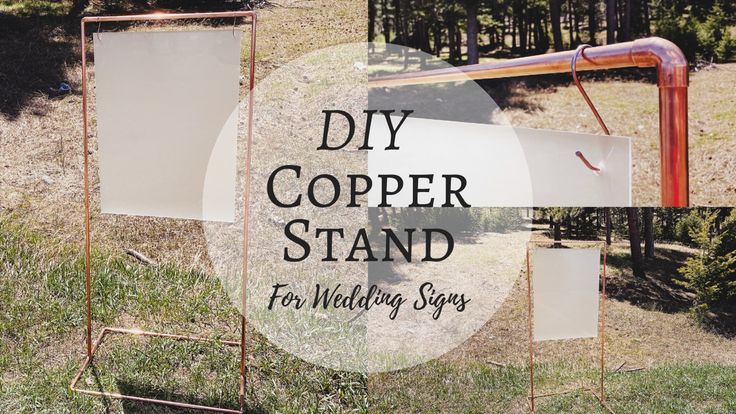 an old metal stand with two white signs on it and the words diy copper stand for