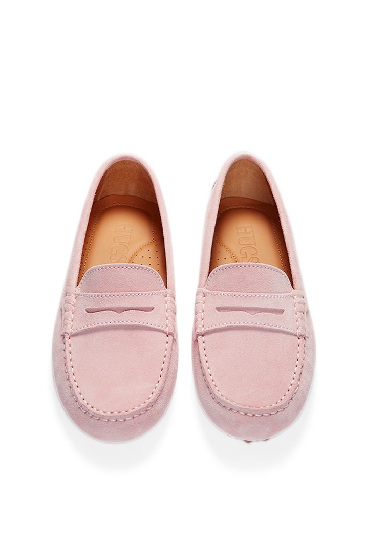 Moccasin style driving loafers in luxurious ice pink suede upper and lined with a soft leather for extra comfort. Made in Portugal. MATERIAL 100% Suede Upper featuring a 100% Leather LiningRubber studded sole in gum colour Pink Suede Round Toe Loafers, Pink Suede Loafers With Round Toe, Casual Pink Leather Loafers, Pink Leather Moccasins With Round Toe, Classic Pink Loafers With Leather Sole, Classic Pink Loafers With Round Toe, Classic Pink Loafers For Spring, Classic Pink Loafers With Rubber Sole, Classic Pink Slip-on Loafers