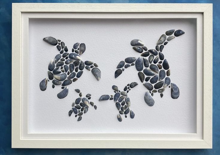 two sea turtles made out of pebbles in a white frame on a blue background,