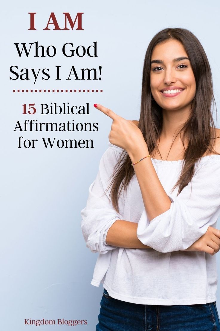 a woman pointing to the side with her finger on her chest and text that reads, i am who god says i am 15 biblical affirmations for women