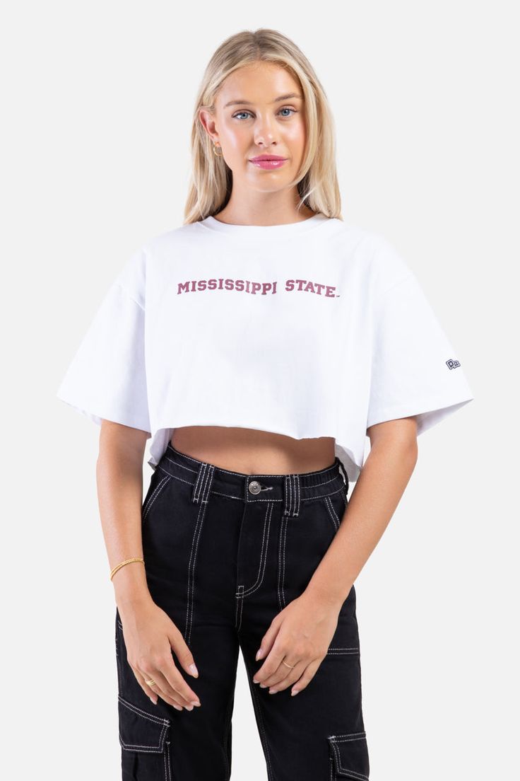 The Track Top! A drop shoulder jersey tee with a raw hem, inspired by vintage styles. SIZING AND DETAILS Sizing: XS-XXL Relaxed, oversized fit 100% Cotton Screenprint, Heat Transfer Vinyl logo application P.S. We’d love to see you repping this style! Make sure to tag us (@hypeandvice) to be featured :) Mississippi State Outfit, Mississippi State Wallpaper, Mississippi State Mom Shirt, Mississippi State Sweatshirt, Mississippi State Baseball, College Gear, Mississippi State University, Mississippi State, Gameday Outfit