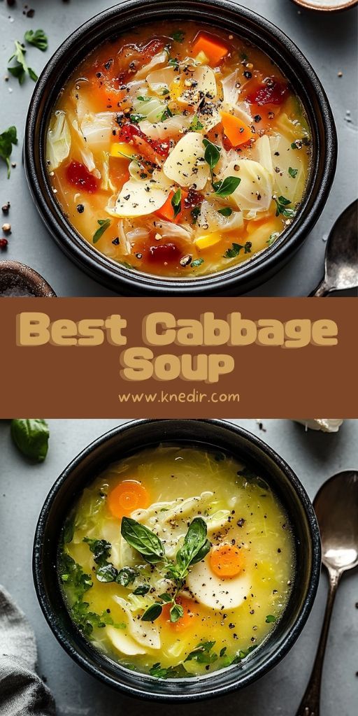 two bowls filled with soup next to spoons on top of each other and the title reads best cabbage soup