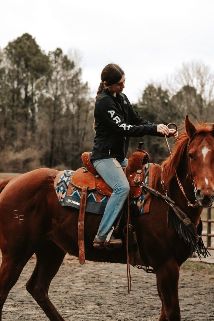 a woman riding on the back of a brown horse