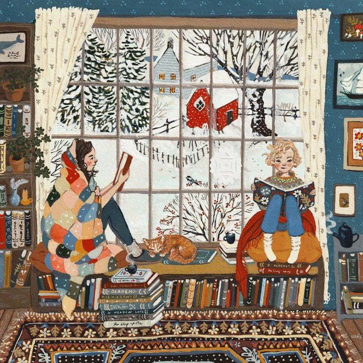 a painting of two people sitting in front of a window with books on the floor