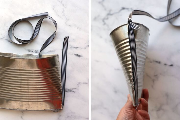 two pictures showing how to make a tin can purse