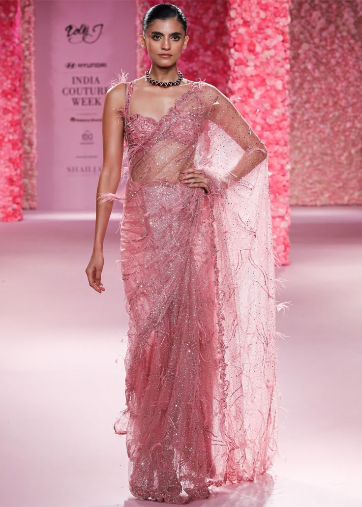 Candy pink shimmer tulle embroidered sari set accentuated with hand molded wire corsage. Wire Corsage, Indian Outfit Ideas, Gorgeous Saree, Indian Closet, Mango Chutney, Traditional Indian Outfits, Saree Ideas, Bridal Lehenga Choli, Hand Molding