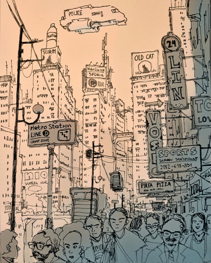 an ink drawing of people walking down the street in front of tall buildings and signs