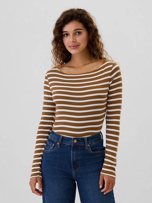 Favorite Stripe Boatneck T-Shirt Fall Relaxed Fit Top With Striped Sleeves, Striped Long Sleeve Stretch T-shirt, Relaxed Fit Tops With Striped Sleeves For Fall, Trendy Striped Crew Neck Top, Casual Striped Long Sleeve Top For Fall, Striped Stretch Knit Top With Crew Neck, Crew Neck Tops With Contrast Stripes For Fall, Stretch Crew Neck Top With Contrast Stripes, Fall Crew Neck Tops With Contrast Stripes